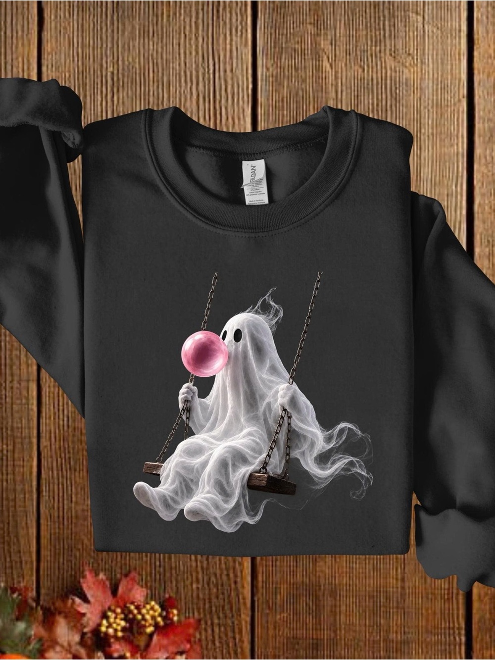 Gildan Black Sweatshirt with Ghost on Swing and Pink Bubblegum Graphic